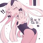  ! !! 1girl alternate_costume animal_ears ark_kan ass blunt_bangs blush commentary fake_animal_ears fake_tail hair_ribbon kantai_collection leotard limited_palette long_hair looking_at_viewer murakumo_(kancolle) open_mouth pantyhose playboy_bunny rabbit_ears rabbit_tail reaching reaching_towards_viewer ribbon simple_background solo sweat tail teeth tress_ribbon upper_teeth_only very_long_hair 