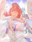  1girl absurdres blowing_kiss breasts cleavage commentary commission detached_sleeves dress english_commentary grey_hairband hairband highres kanalit5 large_breasts looking_at_viewer medium_hair one_eye_closed pink_eyes pink_hair remielle_dan solo twitter_username white_dress white_wings wings zenless_zone_zero 