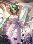  1girl absurdres airi_viridis armpits arms_behind_head arms_up ass_cutout back_bow blue_eyes bow breasts bridal_veil butt_crack cleavage closed_mouth clothing_cutout collarbone colored_inner_hair commentary demon_tail dress earrings elbow_gloves english_commentary falling_petals flower full-length_mirror gad_the_god gloves green_hair heart highres indoors jewelry large_bow large_breasts long_hair mirror multicolored_hair necklace petals pink_hair purple_flower reflection second-party_source see-through_clothes see-through_veil sidelocks smile strapless strapless_dress tail tiara two-tone_hair v-dere veil very_long_hair viridevil_(airi_viridis) virtual_youtuber wedding_dress white_bow white_dress white_gloves white_veil window 