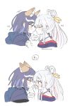  2girls absurdres animal_ears black_choker blue_hoodie blush cho_kaguya-hime! choker closed_eyes closed_mouth commentary_request covering_own_mouth ear_blush fox_ears green_eyes hair_ornament hair_rings hair_stick highres hood hoodie imminent_kiss japanese_clothes kimono korean_commentary korean_text looking_at_another multiple_girls off_shoulder purple_eyes purple_hair purple_kimono runami_yachiyo runami_yachiyo_(tsukuyomi) sakayori_iroha sakayori_iroha_(tsukuyomi) short_hair simple_background speech_bubble translation_request twintails wheloo3rd white_background white_hair yuri 