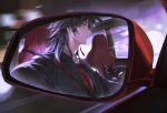  1boy alternate_costume animal blade_(honkai:_star_rail) blade_(jepella_rebellion)_(honkai:_star_rail) blade_(sesame_cake)_(honkai:_star_rail) blurry blurry_background cake_cat_(honkai:_star_rail) car_interior cat closed_mouth collared_shirt commentary earrings gradient_hair hair_behind_ear highres honkai:_star_rail honkai_(series) jacket jewelry long_sleeves male_focus mismatched_earrings multicolored_hair necktie parted_bangs piercing profile red_eyes red_hair red_necktie reflection sheunsnzh shirt side-view_mirror stud_earrings suit_jacket tassel tassel_earrings white_shirt wing_collar yellow_eyes 