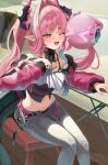  >_< 1girl absurdres aqua_eyes aqua_hair arknights arknights:_endfield bare_shoulders belt black_belt black_horns blush breasts commentary_request cone_hair_bun detached_sleeves double_bun green_tail hair_bun hair_intakes hair_on_horn highres horns kissaten0202 large_breasts long_hair long_sleeves midriff multicolored_hair multicolored_horns navel one_eye_closed open_mouth pants pink_hair pink_horns pink_sleeves pointy_ears shirt sitting smile stomach streaked_hair sweat tail teeth thighs tongue twintails two-tone_hair two-tone_horns upper_teeth_only white_pants white_shirt yvonne_(arknights) 