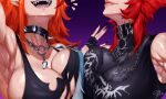  2girls armpits black_nails black_shirt breasts breasts_squeezed_together buffpup_(horror_flick)_(vtuber) buffpup_(vtuber) cleavage collar commentary cubeskar english_commentary eyes_out_of_frame fangs head_out_of_frame highres large_breasts lips long_hair multicolored_hair multiple_girls muscular muscular_female open_mouth orange_hair red_hair see-through_cleavage see-through_clothes shirt short_hair spiked_collar spikes torn_clothes torn_shirt vchiban virtual_youtuber vshojo zentreya zentreya_(dragon) zentreya_(dragon)_(metalheads) 