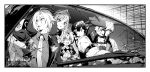  2boys 3girls @_@ arm_out_of_sleeve bangboo_(zenless_zone_zero) border broken_glass bullet_hole choker collared_shirt commentary_request corin_wickes crack cracked_glass driving ellen_joe furry furry_male glass gloves greyscale hair_between_eyes holding hugo_vlad jacket maid maid_headdress maneki-neko_(fujifuji) mole mole_under_eye monochrome multiple_boys multiple_girls necktie open_mouth pointy_ears robin_(zenless_zone_zero) shirt short_sleeves sweat twintails vivian_banshee von_lycaon watermark windshield zenless_zone_zero 