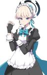  1girl absurdres apron black_dress black_gloves blonde_hair blue_archive blue_bow blue_eyes blue_hair bow braid closed_mouth collared_dress commentary_request dress fingerless_gloves frilled_apron frills gloves halo hands_up hat highres juliet_sleeves long_sleeves maid maid_headdress mob_cap multicolored_hair puffy_sleeves ryoji_minato simple_background solo streaked_hair toki_(blue_archive) white_apron white_background white_hat 