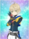  1boy ahoge alternate_costume artist_request belt black_belt black_bodysuit blonde_hair bodysuit chaos_(xenosaga) chaos_(xenosaga)_(cosplay) closed_mouth cosplay cowboy_shot game_asset green_eyes laphicet_(tales) looking_at_viewer male_focus multicolored_hair official_art pants short_hair solo standing streaked_hair tales_of_(series) tales_of_berseria tales_of_the_rays third-party_source white_pants white_streaks xenosaga 