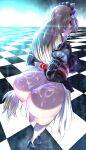  1girl absurdres alexandrina_sebastiane apron ass black_gloves black_shoes bottomless breasts checkered_floor closed_mouth commentary cum cum_on_ass cum_on_body cum_on_clothes from_behind full_body gloves grey_hair hair_ribbon high_heels highres huge_ass kneehighs large_breasts long_hair looking_at_viewer looking_back low-tied_long_hair maid maid_apron maid_headdress once_(ooncee34) red_eyes ribbon shoes sideboob single_thighhigh smile socks solo standing thick_thighs thighhighs thighs very_long_hair white_apron white_ribbon white_socks white_thighhighs zenless_zone_zero 