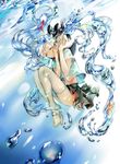  blue_hair bottle_miku closed_eyes fetal_position fish full_body funpjinju hair_ribbon hatsune_miku liquid_hair long_hair midriff navel plantar_flexion ribbon school_uniform seashell serafuku shell shell_to_ear skirt solo thighhighs twintails very_long_hair vocaloid water 