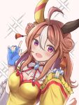  1girl ahoge animal_ears blue_gloves blue_nails blush breasts brown_hair cleavage commentary_request copano_rickey_(umamusume) copano_rickey_(yin-yang_bagua_lucky_costume)_(umamusume) detached_sleeves double_bun dress ear_covers fang fingerless_gloves gloves hair_between_eyes hair_bun hair_ornament highres horse_ears horse_girl horse_tail long_hair looking_at_viewer medium_breasts mismatched_ear_covers multicolored_hair open_mouth smile solo tail tassel tassel_hair_ornament tofu_thunder umamusume upper_body white_hair yellow_dress yellow_sleeves 
