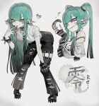  1girl aqua_hair arm_support barbell_piercing bent_over black_hair black_nails black_pants blunt_bangs blush bone_earring bracelet breasts character_name cleavage closed_mouth collar collarbone commentary_request crop_top cropped_torso cross cross_necklace earrings eyebrow_piercing face_piercing finger_to_face fingernails forked_tongue full_body gradient_hair grey_eyes hand_on_own_knee hanging_breasts heart highres inward_v jewelry legwear_garter long_fingernails long_hair looking_at_animal looking_at_viewer medium_breasts multicolored_hair multiple_views necklace original pants parted_lips piercing pointy_ears shirt shoes simple_background slit_pupils smile snake snake_wrapped_around_arm spiked_bracelet spiked_collar spiked_hair_ornament spiked_shoes spikes strap_slip striped_sleeves stud_earrings teeth togetoge tongue tongue_out tongue_piercing torn_clothes torn_pants tsurime v very_long_hair white_background white_shirt 