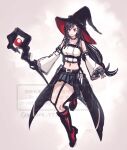  1girl black_mage_(final_fantasy) boots commentary_request crop_top detached_sleeves final_fantasy final_fantasy_vii final_fantasy_vii_remake final_fantasy_vii_revelation fingerless_gloves full_body gloves hat holding holding_staff long_hair low-tied_long_hair mage_staff minato_(ct_777) miniskirt skirt solo staff thighs tifa_lockhart tifa_lockhart_(black_mage) waist_cape witch_hat 