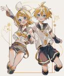 1boy 1girl absurdres belt black_shoes black_shorts blonde_hair blue_eyes commentary_request happy highres kagamine_len kagamine_rin necktie ribbon sazanami_(ripple1996) shirt shoes short_hair shorts siblings simple_background twins vocaloid white_ribbon white_shirt yellow_necktie 