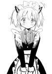  1girl absurdres apron blush buttons closed_mouth cocoa_(ultra_mdk) commentary_request dress frilled_apron frills greyscale hair_ribbon highres holding holding_tray kaname_madoka long_sleeves looking_at_viewer mahou_shoujo_madoka_magica mahou_shoujo_madoka_magica_(anime) maid maid_headdress monochrome ribbon short_hair short_twintails sidelocks simple_background solo tray twintails waist_apron white_background 