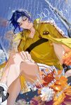  1boy blue_hair blue_sky character_name closed_mouth commentary_request crossed_legs curtained_hair dated flower from_below happy_birthday headband highres jacket jacket_on_shoulders looking_at_viewer male_focus medium_hair purple_eyes racket shirt shorts sky solo sportswear tennis_no_ouji-sama tennis_racket tennis_uniform twitter_username white_shorts yellow_jacket yellow_shirt yuan_jessie0430 yukimura_seiichi 