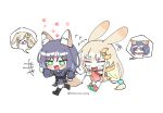  >_< +++ +_+ 2girls animal_ears black_hair blonde_hair blue_hair blush body_switch chibi cho_kaguya-hime! commentary_request crescent crescent_hair_ornament flying_sweatdrops forehead_jewel fox_ears fox_tail hair_ornament kaguya_(cho_kaguya-hime!) kaguya_(tsukuyomi)_(cho_kaguya-hime!) korean_commentary long_hair long_sleeves lop_rabbit_ears medium_hair multicolored_hair multiple_girls open_mouth personality_switch rabbit_ears rabbit_tail sakayori_iroha sakayori_iroha_(tsukuyomi) simple_background tail twitter_username two-tone_hair very_long_hair wheloo3rd white_background 