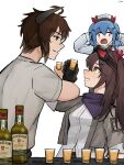  1boy 2girls absurdres alcohol blue_hair colphne_(girls'_frontline_2) commentary commission cow_boy cow_horns cup drinking_glass english_commentary gamryous girls'_frontline girls'_frontline_2:_exilium glass goggles goggles_on_head highres horns mayling_shen_(girls'_frontline_2) meme mole mole_under_eye multiple_girls oc_x_canon red_eyes shocked_black_guy_(meme) shot_glass 