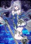  1girl absurdres arm_fins armor bare_shoulders blue_dress blush breasts commentary_request covered_navel detached_sleeves dress duel_monster fins fish_girl grey_hair head_fins highres hip_armor holding holding_sword holding_weapon jewelry long_hair looking_at_viewer medium_breasts open_mouth purple_eyes silver_thighlet sleeves_past_wrists solo stained_glass_print sword tearlaments_scheiren thighlet tiara twintails weapon white_tiara xzon_(chai_z) yu-gi-oh! yu-gi-oh!_master_duel 