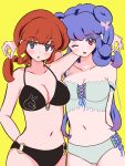  2girls absurdres bikini black_bikini blue_bikini blue_eyes blush braid braided_ponytail breasts cleavage commentary_request double_bun hair_bun highres large_breasts looking_at_viewer medium_breasts midriff multiple_girls navel nibo_ume_katsu purple_eyes purple_hair ranma_1/2 red_hair saotome_ranma saotome_ranma_(female) shampoo_(ranma_1/2) sidelocks simple_background swimsuit yellow_background 