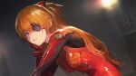  1girl absurdres blonde_hair blue_eyes cropped eyepatch grey_background hair_between_eyes hair_ornament head_on_hand highres indoors interface_headset_(evangelion) leaning_forward lightning lips long_hair looking_at_viewer looking_to_the_side mecha_pilot_suit neon_genesis_evangelion orange_hair plugsuit_(evangelion) resized shirataki_jiro solo souryuu_asuka_langley third-party_source upscaled 