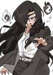  1girl absurdres asa_(yomi_no_tsugai) black_hair black_pants blush commentary eyepatch highres long_hair looking_at_viewer mole mole_under_mouth open_mouth pants red_eyes shirt solo sweat white_shirt yomi_no_tsugai yuateheng 