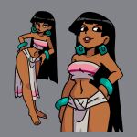  1girl barefoot black_hair blunt_bangs bracelet breasts chel_(el_dorado) commentary dark-skinned_female dark_skin earrings english_commentary full_body gooddraws highres jewelry lips long_hair looking_at_viewer navel pelvic_curtain solo strapless the_road_to_el_dorado thick_thighs thighs tube_top 