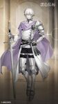  1boy absurdres armor armored_boots black_beacon black_pants boots cape closed_mouth coat copyright_name copyright_notice full_body gauntlets gloves hand_on_own_hip highres holding holding_sword holding_weapon logo looking_at_viewer male_focus official_art official_wallpaper pants pillar purple_cape purple_eyes short_hair shoulder_armor single_glove smile solo standing sword weapon white_coat white_gloves white_hair 