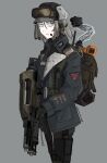  1girl alien_(series) backpack bag coat goggles grey_hair headphones highres holster m41a_pulse_rifle mechanical_arms radio_antenna schellergheist thigh_holster weyland-yutani winter_clothes winter_coat 