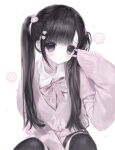  1girl between_legs bi_(itsrainyuptown) black_eyes black_hair black_thighhighs blush bow bowtie buttons cardigan character_hair_ornament closed_mouth collared_shirt commentary diagonal-striped_bow diagonal-striped_bowtie diagonal-striped_clothes dot_nose ear_piercing eyelashes food hair_ornament hand_between_own_legs heart heart_hair_ornament heart_piercing highres inward_v kamaboko my_melody my_melody_(series) narutomaki original parted_bangs piercing pink_bow pink_bowtie pink_cardigan pixel_heart sanrio school_uniform shirt simple_background sitting sleeves_past_wrists solo striped_bow striped_bowtie striped_clothes thighhighs twintails untranslatable_commentary v white_background white_shirt 