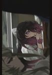  2girls alternate_costume black_hair blush bow brown_hair classroom closed_eyes closed_mouth columbina_(genshin_impact) commentary desk genshin_impact hair_between_eyes hair_bow hair_tie highres holding holding_pen indoors long_hair long_sidelocks long_sleeves looking_at_another multicolored_hair multiple_girls on_desk pen purple_eyes purple_hair purple_streaks sandrone_(genshin_impact) school_desk school_uniform shirt short_hair_with_long_locks sidelocks sitting streaked_hair two-tone_hair untranslatable_commentary unusually_open_eyes very_long_hair white_shirt wompompd yuri 