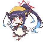  1girl alternate_hairstyle apron black_dress black_hair blue_archive blunt_bangs blush chibi chibi_only closed_mouth commentary_request demon_girl demon_horns dress frilled_apron frilled_dress frills full_body fuuka_(blue_archive) halo headscarf highres holding holding_ladle horns ladle long_dress long_hair long_sleeves looking_at_viewer necktie ponytail puffy_long_sleeves puffy_sleeves red_eyes red_halo red_necktie sidelocks simple_background smile solo split_mouth standing tanabata_natsuki two-tone_necktie very_long_hair white_apron white_background yellow_headscarf yellow_necktie 