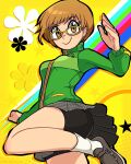  1girl absurdres badge bike_shorts billdadinosaur brown_eyes brown_hair button_badge commentary green_jacket highres jacket persona persona_4 persona_4_revival satonaka_chie smiley_face solo tomboy track_jacket yellow-framed_eyewear 