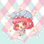  1girl absurdres apron artist_request ascot black_shoes blue_bow blue_gloves blue_hat blue_shorts blush_stickers bow brown_eyes bye-bye_dust_(infinity_nikki) chibi chinese_commentary collared_shirt colorful_background commentary_request commission eyelashes flower frilled_gloves frilled_headwear frills gloves happy hat hat_bow highres infinity_nikki mob_cap nikki_(nikki) nikki_(series) open_mouth outline paw_print paw_print_pattern petals pink_hair plaid_background pom_pom_hat_ornament print_apron puffy_short_sleeves puffy_sleeves second-party_source shirt shoes short_hair short_sleeves shorts smile solo tareme v white_outline yellow_apron yellow_ascot yellow_flower yellow_shirt 