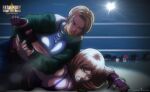  2girls absurdres b._jenet blonde_hair blue_mary breasts cleavage clenched_teeth commentary commission copyright_logo defeat dress english_commentary fatal_fury garou:_mark_of_the_wolves green_jacket highres jacket logo long_hair looking_at_another looking_down multiple_girls purple_dress raydash30 restrained short_hair teeth 