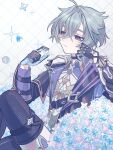  1boy absurdres ahoge armor belt belt_collar black_belt black_gloves blue_gloves blue_shirt choker coat collar collared_shirt commentary_request crossed_legs earrings expressionless genesis_crystal genshin_impact gloves green_hair hair_between_eyes hair_intakes hand_on_own_face highres holding intertwined_fate jewelry koyu006 lohen_(genshin_impact) long_sleeves male_focus mole mole_under_eye multicolored_eyes multicolored_gloves pants primogem shirt short_hair shoulder_armor single_earring sitting solo sparkle thigh_strap two-tone_gloves white_background white_pants 