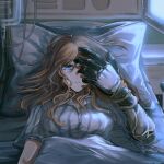  1girl artist_request bang_dream! bang_dream!_it's_mygo!!!!! bed blue_eyes breasts brown_hair chinese_commentary commentary_request commission glowing hand_up highres hospital_bed hospital_gown indoors intravenous_drip long_hair looking_at_hand lying mechanical_arms medium_breasts nagasaki_soyo on_back on_bed parted_lips pillow second-party_source sidelocks single_mechanical_arm solo under_covers 