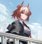  1girl angel_statue animal_ears arknights bird bird_ears black_gloves black_jacket black_skirt blue_sky breasts bright_pupils cloud collared_shirt commentary_request fiammetta_(arknights) gloves gomago_magoma hair_between_eyes hand_on_railing highres jacket large_breasts looking_at_viewer necktie outdoors red_eyes red_hair red_necktie shirt short_hair skirt sky solo white_pupils white_shirt 