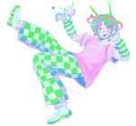  1other absurdres alien antennae arm_warmers artist_name bandaid bandaid_on_face bandaid_on_nose checkered_clothes checkered_pants colored_skin cow cyber_fashion green_eyes green_nails grey_hair highres holding holding_stuffed_toy indie_virtual_youtuber multicolored_hair pants pink_hair pink_shirt pink_skin polygon_donut print_shirt reddbug27 shirt shoes short_hair sneakers solo sticker sticker_on_face striped_arm_warmers stuffed_cow stuffed_toy twitter_username two-tone_hair white_background white_shoes 