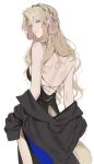  1girl absurdres animal_ears arknights backless_dress backless_outfit bare_shoulders black_dress black_jacket blue_eyes brown_hair chinese_commentary closed_mouth commentary_request dog_ears dog_girl dog_tail dress droopy_ears earrings extra_ears from_behind hair_ornament highres jacket jewelry joshua_(shisanli934) kristen_(arknights) long_hair looking_at_viewer looking_back sidelocks simple_background solo standing tail undressing white_background 