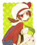  bad_id bad_pixiv_id baseball_cap brown_eyes brown_hair chikorita gen_2_pokemon hat hat_ribbon honotai kotone_(pokemon) looking_at_viewer overalls pokemon pokemon_(creature) pokemon_(game) pokemon_hgss ribbon thighhighs twintails 