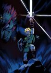  2boys belt blonde_hair blue_eyes boots brown_boots commentary drwsnt english_commentary fairy ganondorf gerudo gloves green_hat green_tunic hat highres holding holding_shield holding_sword holding_weapon hylian_shield link male_focus master_sword multiple_boys navi parted_bangs phrygian_cap pointing_melee_weapon pointing_sword pointy_ears serious shield short_hair shoulder_belt sword the_legend_of_zelda the_legend_of_zelda:_ocarina_of_time triforce tunic weapon 