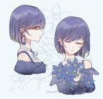  1girl alternate_hair_length_(shorter) artist_name aruno03533627 asahina_mafuyu bare_shoulders black_shirt blue_background blue_flower breasts choker closed_eyes closed_mouth commentary cropped_torso ear_piercing earrings empty_eyes expressionless facing_viewer floral_background flower frilled_sleeves frills from_side gem hair_ornament hairclip highres into_the_new_light_(project_sekai) jewelry lips long_sleeves looking_at_viewer medium_breasts multiple_views off-shoulder_shirt off_shoulder official_alternate_costume official_alternate_hairstyle parallel_hairclips parted_lips pearl_(gemstone) piercing profile project_sekai purple_gem purple_hair ribbon ribbon_choker shirt short_hair sideways_glance simple_background u_u white_choker white_ribbon 