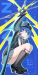  1girl absurdres arm_up belle_(brilliance_of_stars)_(zenless_zone_zero) belle_(zenless_zone_zero) black_hat black_shoes black_socks black_sweater blue_background blue_eyes collar commentary_request copyright_logo copyright_name crossed_bangs green_eyes grey_skirt hat head_on_hand head_rest highres holding holding_sword holding_weapon kafeifeifeifeifeifei_jiemo_jun kneehighs logo long_sleeves looking_up necktie official_alternate_costume outline pleated_skirt puffy_long_sleeves puffy_sleeves reverse_grip shoes short_hair skirt smile socks solo squatting sweater sword weapon white_collar white_outline yellow_necktie zenless_zone_zero 