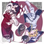  2girls absurdres apron ascot between_fingers black_dress blonde_hair bow braid broom broom_riding brown_hair closed_mouth commentary_request detached_sleeves dress embodiment_of_scarlet_devil gohei hair_bow hair_tubes hakurei_reimu hat hat_bow highres holding holding_gohei holding_ofuda kanae_mituki kirisame_marisa long_hair looking_at_viewer mini-hakkero multiple_girls official_alternate_costume ofuda ofuda_between_fingers open_mouth paid_reward_available pants puffy_short_sleeves puffy_sleeves red_ascot red_bow red_eyes red_skirt ribbon-trimmed_sleeves ribbon_trim short_sleeves side_braid signature single_braid skirt skirt_set smile socks touhou upside-down white_apron white_bow white_pants white_socks witch_hat yellow_eyes yin_yang 