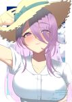  1girl absurdres birthday blush breasts closed_mouth commentary_request dated happy_birthday hat heaven_burns_red highres kura_satomi large_breasts long_hair looking_at_viewer negino_yurine pink_eyes pink_hair see-through_hair straw_hat upper_body 