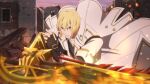  1boy artist_request black_gloves black_shirt blonde_hair blue_eyes character_request coat collarbone commentary_request copyright_request cosplay_request debris eizen_(tales) fingerless_gloves game_asset gloves god_eater gold_trim holding holding_sword holding_weapon looking_at_viewer official_art outdoors ruins shirt short_hair solo standing sword tales_of_(series) tales_of_berseria tales_of_the_rays teeth third-party_source upper_body weapon white_coat 