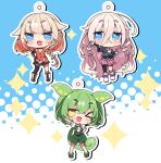  >_o 3girls :d ;d black_shirt black_thighhighs blue_background blue_eyes blush boots braid cevio chibi chibi_only commentary_request crossed_bangs double-parted_bangs drop_shadow fang full_body green_hair green_shoes green_shorts hair_between_eyes halftone halftone_background highres ia_(vocaloid) long_hair looking_at_viewer milkpanda miniskirt multiple_girls neck_ribbon one_(cevio) one_eye_closed open_mouth orange_hair orange_shirt outline outstretched_arm parted_lips pink_hair pink_skirt pleated_skirt ribbon shirt shoes short_sleeves shorts single_braid skirt sleeveless sleeveless_shirt smile sparkle standing suspenders thick_eyebrows thighhighs twin_braids two-tone_background v vocaloid voicevox white_background white_boots white_outline white_shirt yellow_eyes zundamon 