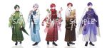  5boys :d absurdres ahoge antenna_hair bag black_boots black_choker black_shirt blue_eyes blue_hakama blue_haori blue_kimono boots brown_hair brown_hakama brown_haori brown_kimono camellia_print choker closed_mouth closed_umbrella coat coat_on_shoulders coe._(starlight_polaris) color_coordination commentary_request dragon_print earrings egasumi ema floral_print flower folding_fan full_body fur_scarf gradient_clothes gradient_hakama gradient_haori gradient_jacket green_eyes green_hair green_hakama green_haori green_kimono green_umbrella grin hagoita hair_flower hair_ornament hakama hand_fan hand_on_own_chest hand_on_own_hip hane_(hanetsuki) haori heterochromia highres holding holding_bag holding_ema holding_fan holding_kinchaku holding_paddle holding_umbrella jacket japanese_clothes jewelry kimono kinchaku kisaragi_you_(starlight_polaris) kottaro_(starlight_polaris) kuni_(starlight_polaris) lineup long_sleeves looking_at_viewer male_focus mizuna_yushi multicolored_hair multiple_boys new_year official_art oil-paper_umbrella open_clothes open_jacket paddle pink_streaks pouch print_haori purple_eyes purple_hair purple_hakama purple_kimono red_hair red_hakama red_kimono red_scarf reflective_floor relu_(starlight_polaris) sample_watermark sash scarf shirt shirt_under_kimono short_hair side_part simple_background smile standing starlight_polaris streaked_hair sweater_guard swept_bangs tassel triangle_hair_ornament umbrella uroko_(pattern) utaite waist_sash watermark white_background white_coat white_hair white_hakama white_haori white_scarf wide_sleeves yellow_eyes 