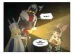  1boy 2girls aria_(robot)_(zenless_zone_zero) aria_(zenless_zone_zero) arm_garter billy_kid billy_kid_(starlight) black_jacket black_sclera blonde_hair blue_jacket bracelet clothed_robot colored_sclera commentary english_commentary english_text flashlight fur-trimmed_jacket fur_trim green_eyes grey_hat hat holding holding_flashlight horns humanoid_robot indoors jacket jewelry long_hair looking_at_another mellfloushii multiple_girls norma_hollowell open_mouth purple_eyes red_scarf robot robot_boy robot_girl scarf sound_effects speech_bubble spiked_bracelet spiked_hair spikes torn_clothes torn_scarf very_long_hair white_hair yellow_eyes zenless_zone_zero 