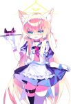  absurdres animal_ear_fluff animal_ears apron black_choker blue_archive blush choker clothes_lift commentary embarrassed food fox_ears fox_girl fox_platoon_(blue_archive) frilled_apron frills gloves green_halo halo highres hue_shifting kurumi_(blue_archive) maid meto_(metrin) necktie open_mouth pudding ribbon simple_background skirt skirt_lift thighhighs triangle_halo untranslatable_commentary white_background white_gloves 