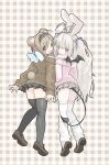  2000s_(style) 2girls absurdres angel_wings animal_ears antenna_hair bear_ears bear_girl bear_tail black_hairband black_shoes black_skirt black_thighhighs blonde_hair blush_stickers brown_background brown_cardigan brown_eyes brown_skirt cardigan choco_girl commentary demon_tail demon_wings faux_retro_artstyle from_behind full_body gingham_background hair_between_eyes hair_intakes hair_over_shoulder hair_ribbon hairband highres kichiko_(ryu10855) leg_warmers loafers long_hair long_sleeves multiple_girls neapolitan_palette one_eye_closed original pink_cardigan purple_ribbon rabbit_ears rabbit_girl ribbon shirt shoes short_hair skindentation skirt sleeves_past_wrists tail thighhighs twintails untranslatable_commentary very_long_hair white_leg_warmers white_shirt white_thighhighs wings 